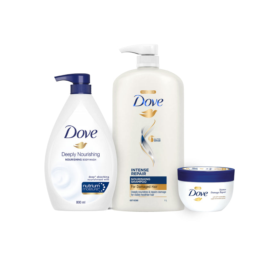 Dove Intense Repair Shampoo 1L, Hair Mask 300ml & Deeply Nourishing Body Wash 800ml (Combo Pack)