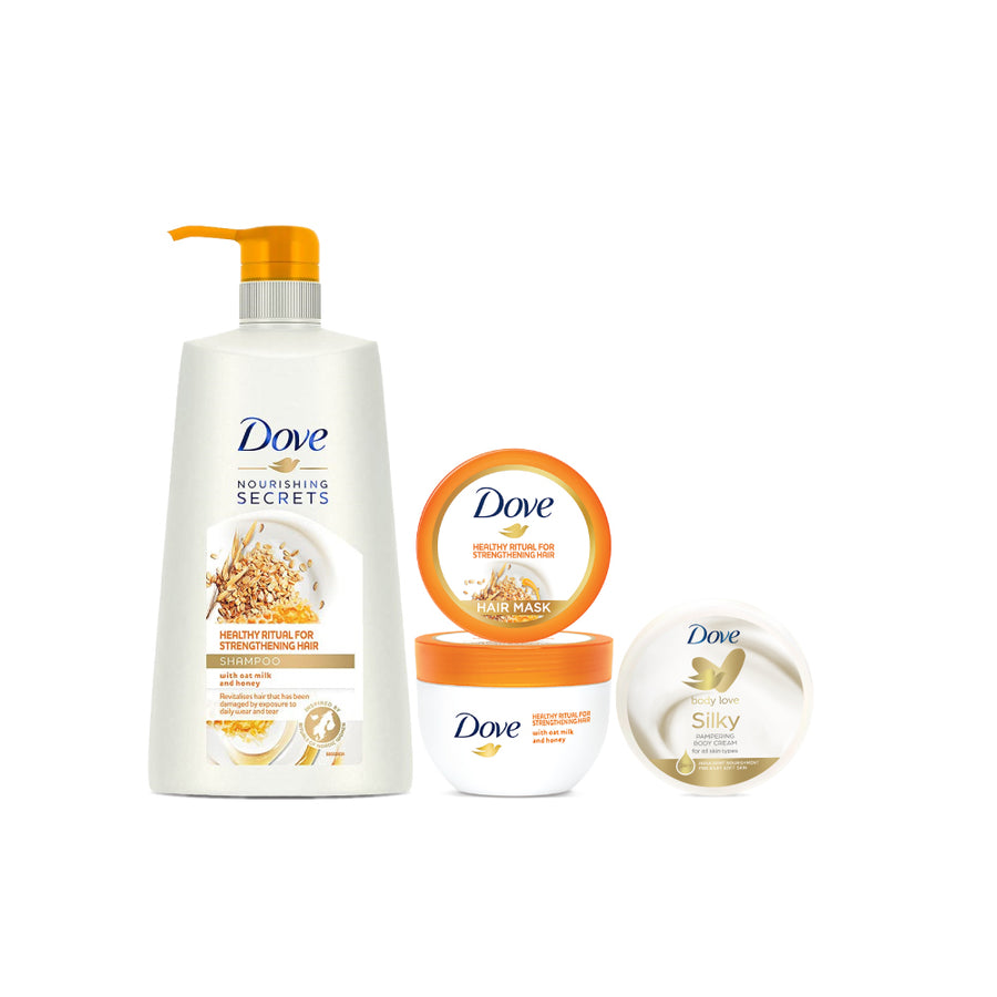 Dove Healthy Ritual for Strengthening Hair Shampoo 650ml,  Hair Mask 300ml & Body Love Silky Pampering 300g (Combo Pack)