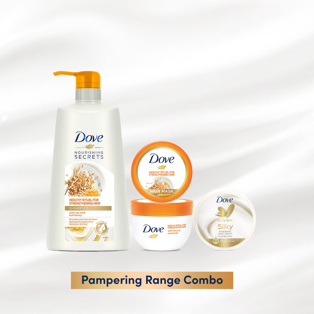 Dove Healthy Ritual for Strengthening Hair Shampoo 650ml,  Hair Mask 300ml & Body Love Silky Pampering 300g (Combo Pack)