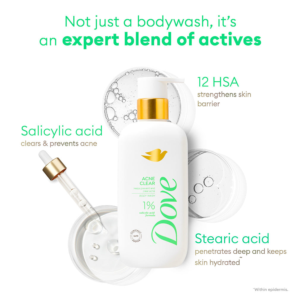 Dove Acne Clear Serum Bodywash with 1% Clearing Salicylic Acid Acne Treatment, 300 ml