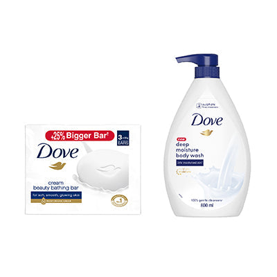 Dove Cream Beauty Bar - Soft, Smooth, Moisturised Skin, 3x125g & Deeply Nourishing Body Wash 800ml (Combo Pack)