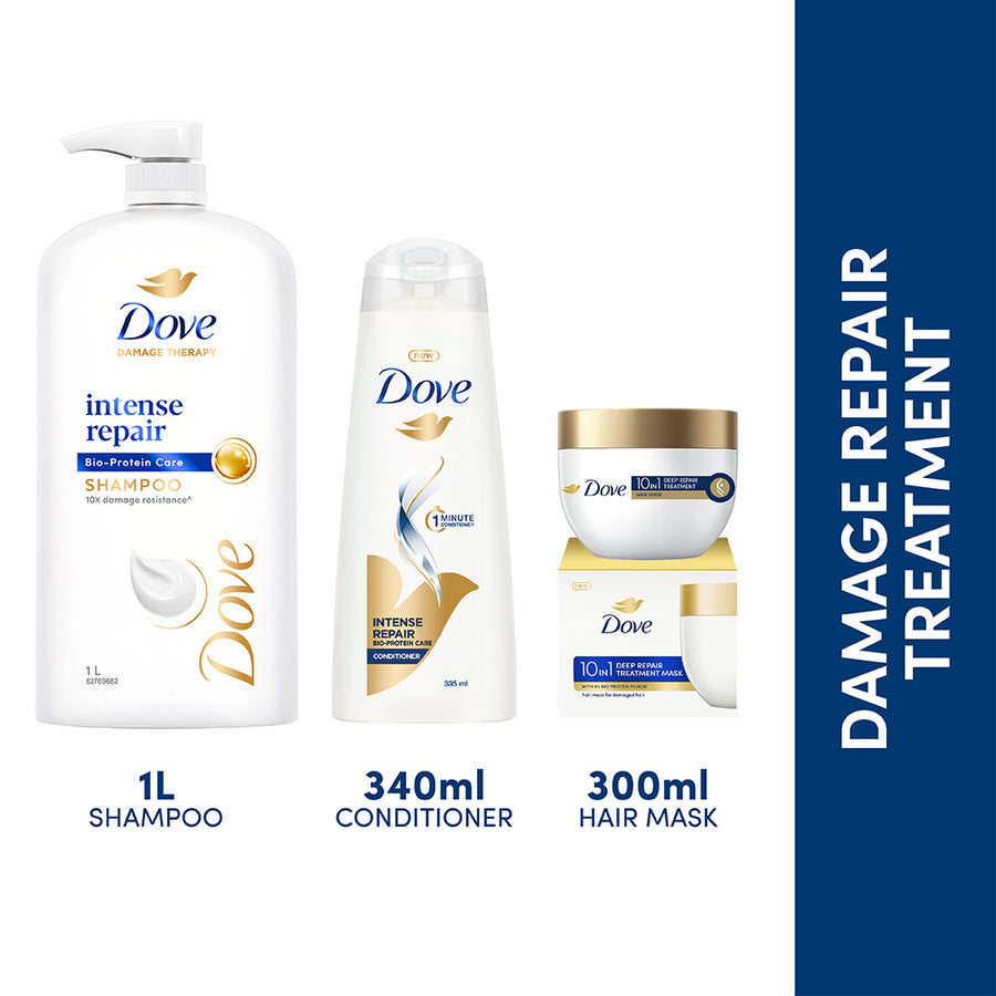 Dove Intense Repair Shampoo 1L, Intense Repair Conditioner 340ml & 10 in 1 Deep Repair Treatment Hair Mask 300 ml