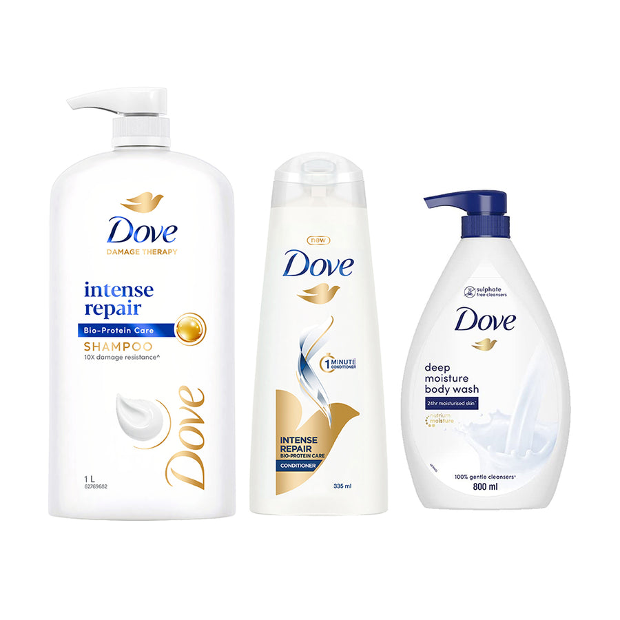 Dove Intense Repair Shampoo 1L, Conditioner 335ml & Deeply Nourishing Body Wash 800ml (Combo Pack)