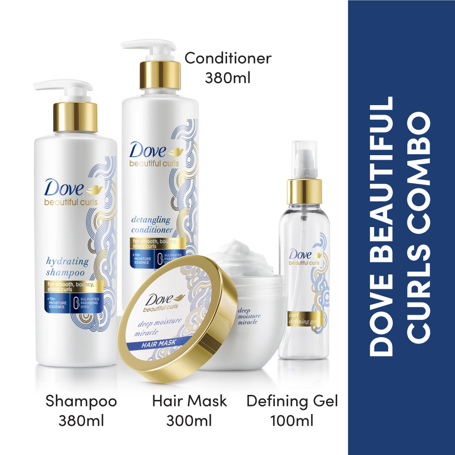 Dove Beautiful Curls Shampoo 380ml, Conditioner 380ml, Hair Mask 300ml & Defining Hair Gel 100ml (Combo Pack)