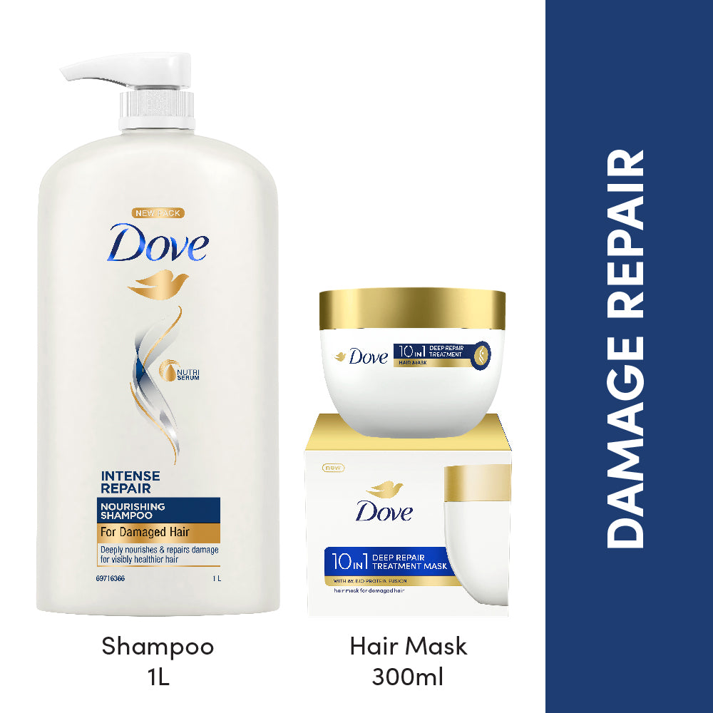 Dove Intense Repair Shampoo 1L & Dove 10 in 1 Deep Repair Treatment Hair Mask 300 ml, for damaged hair