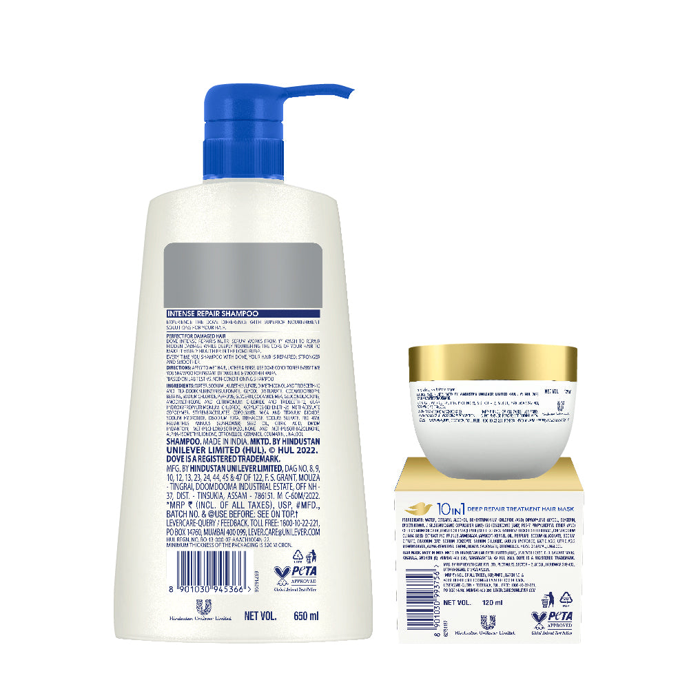 Dove Intense Repair Shampoo 650ml & Dove 10 in 1 Deep Repair Treatment Hair Mask 120 ml, for damaged hair (Combo Pack)