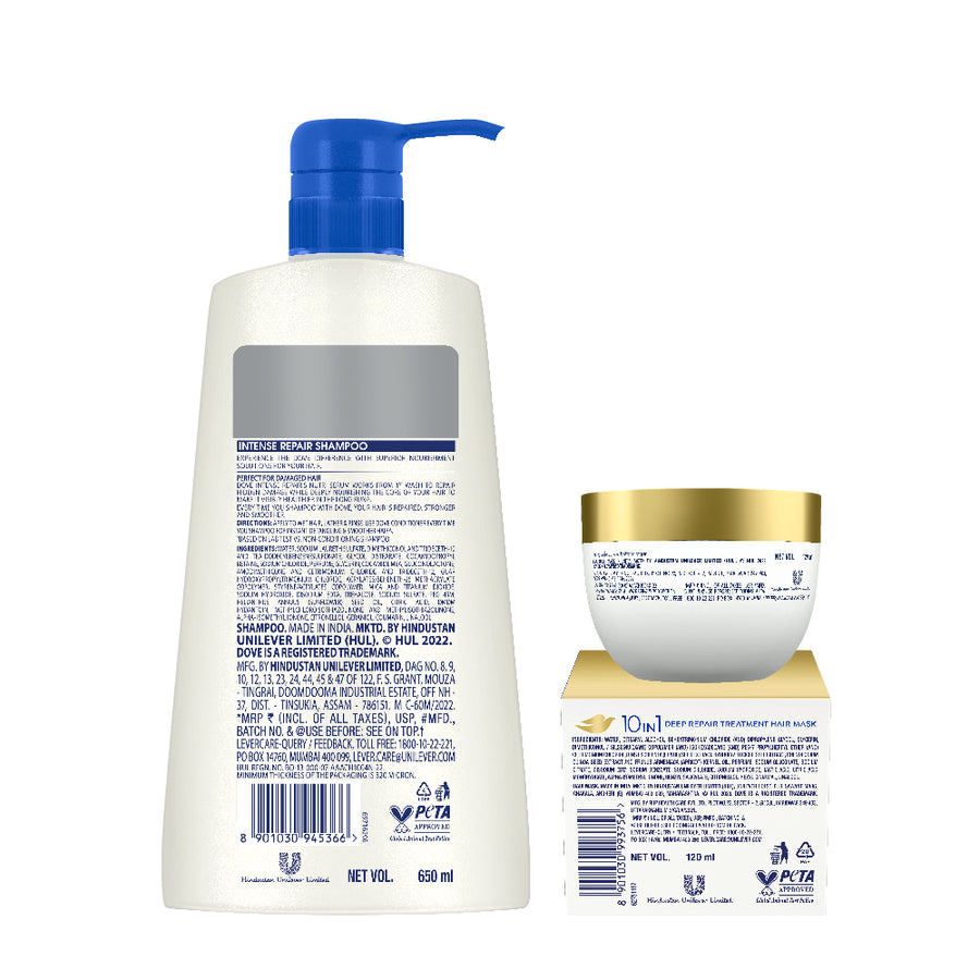 Dove Intense Repair Shampoo 650ml & Dove 10 in 1 Deep Repair Treatment Hair Mask 120 ml, for damaged hair (Combo Pack)