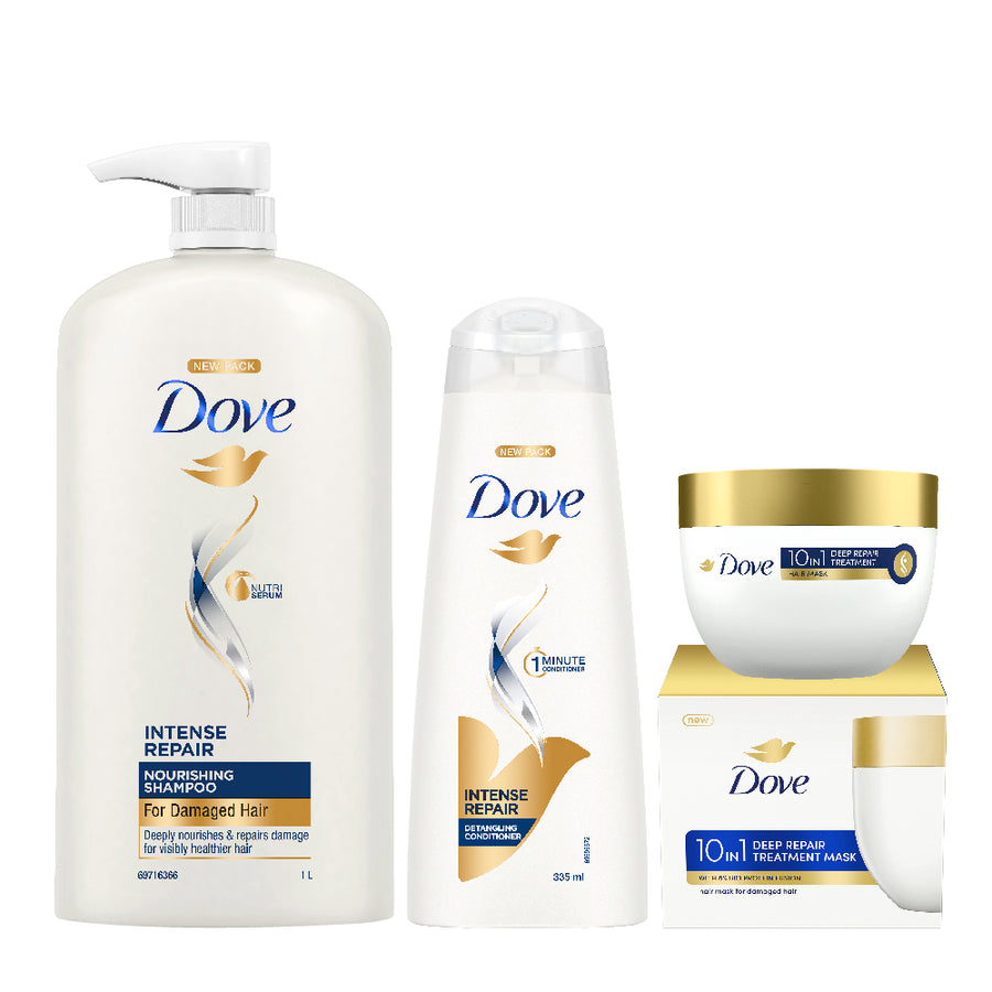 Dove Intense Repair Shampoo 1L, Intense Repair Conditioner 340ml & 10 in 1 Deep Repair Treatment Hair Mask 300 ml