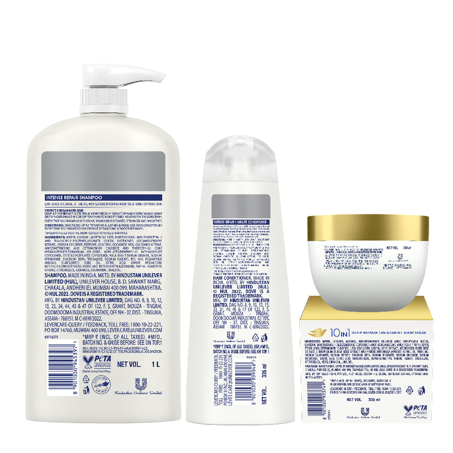 Dove Intense Repair Shampoo 1L, Intense Repair Conditioner 340ml & 10 in 1 Deep Repair Treatment Hair Mask 300 ml