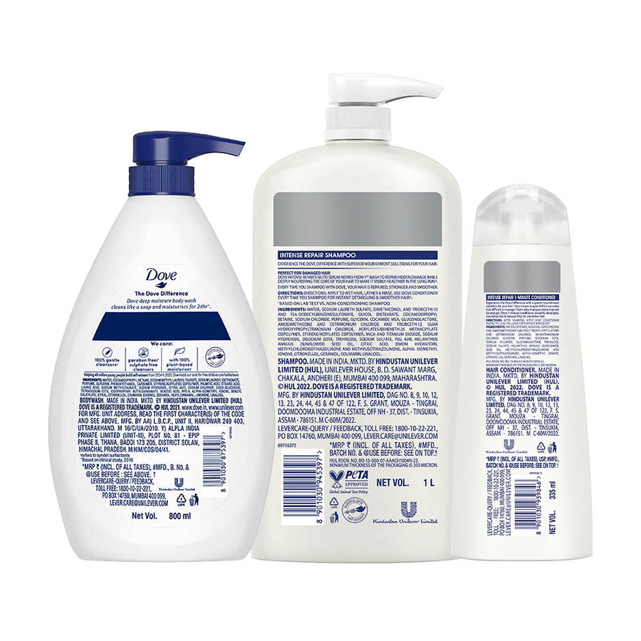 Dove Intense Repair Shampoo 1L, Conditioner 335ml & Deeply Nourishing Body Wash 800ml (Combo Pack)