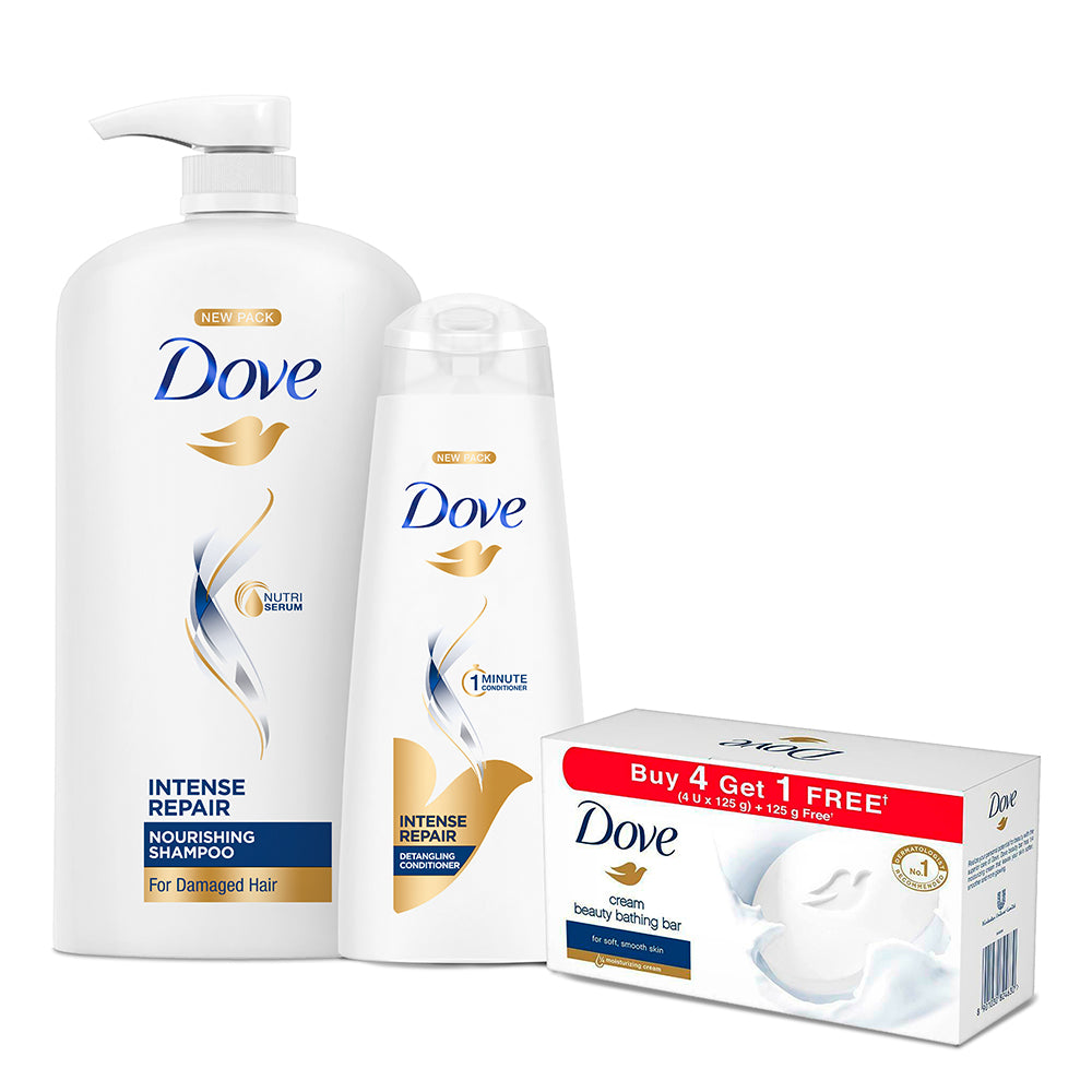 Dove Intense Repair Shampoo 1L, Conditioner 335ml & Cream Beauty Bar 125g (Buy 4 Get 1 Free)