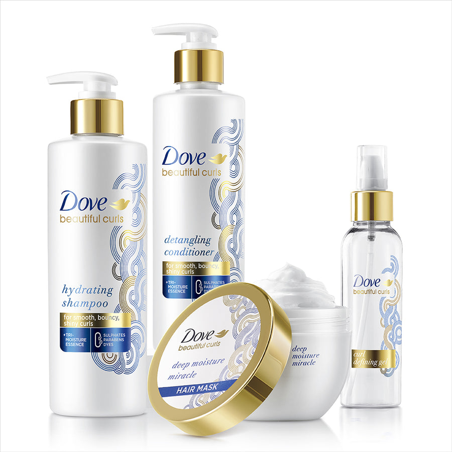 Dove Beautiful Curls Shampoo 380ml, Conditioner 380ml, Hair Mask 300ml & Defining Hair Gel 100ml (Combo Pack)