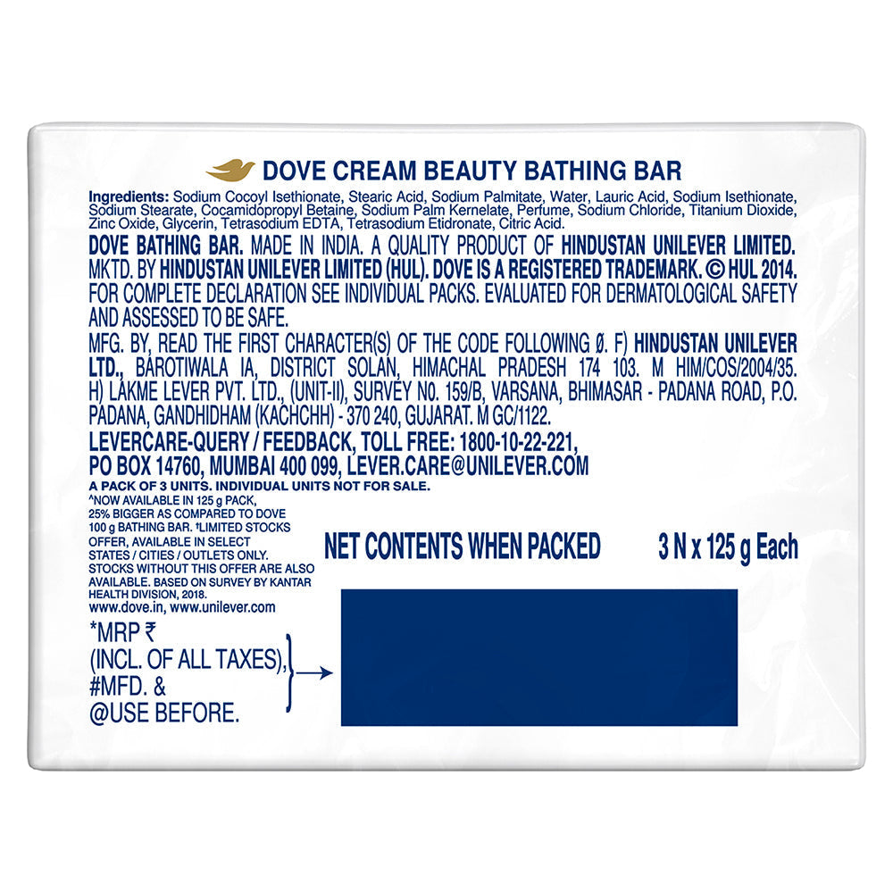 Dove Cream Beauty Bar - Soft, Smooth, Moisturised Skin, 3x125g