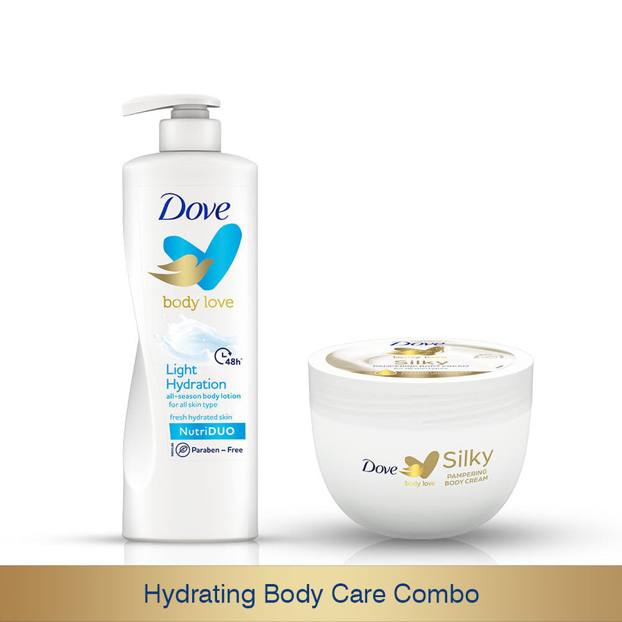 Body Love Light Hydration Body Lotion 400ml & Body Love Silky Pampering Body Cream 300g, Paraben Free (Combo Pack)